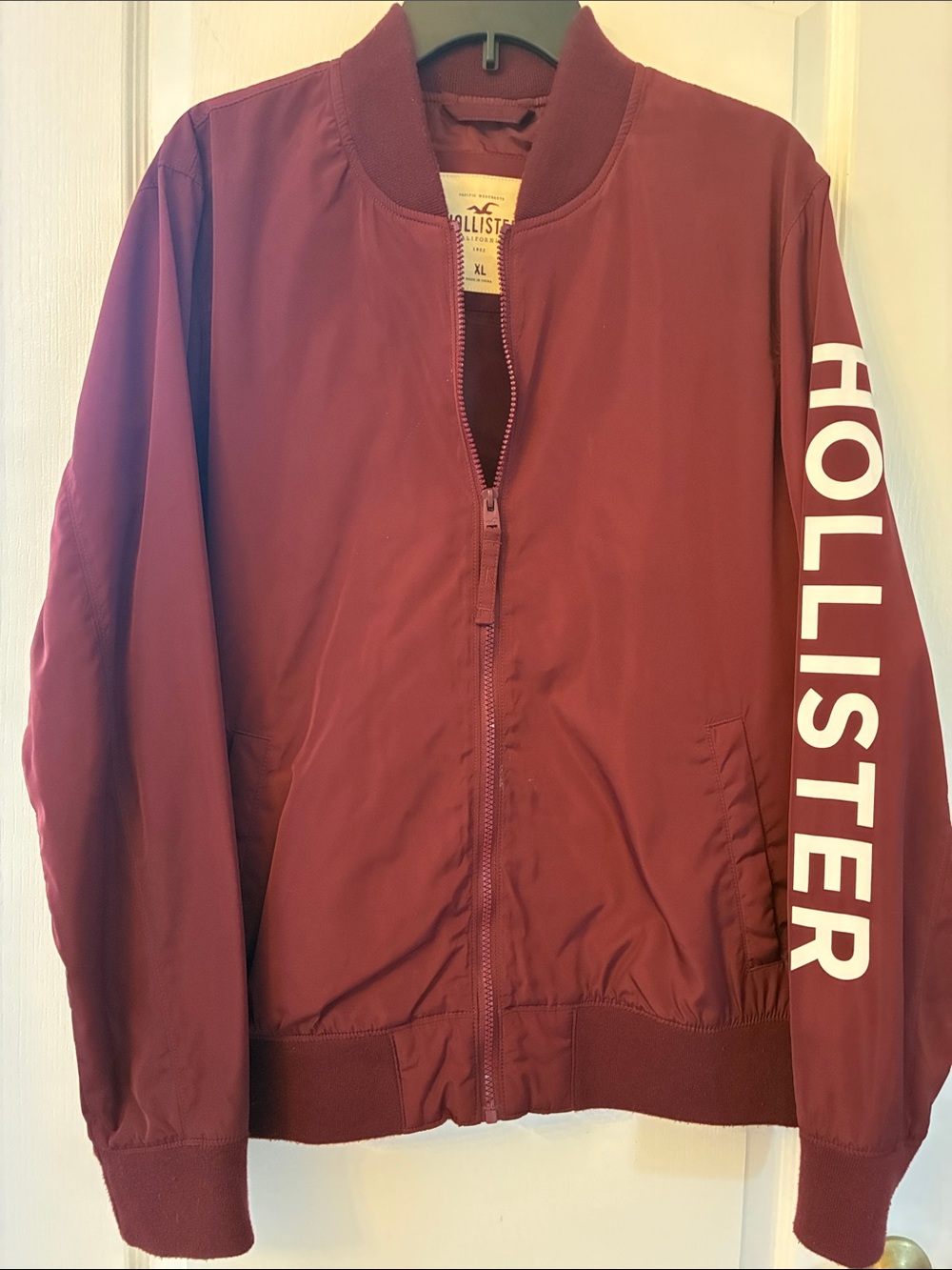Hollister Men's Maroon Zip-Up Bomber Jacket with Sleeve Logo